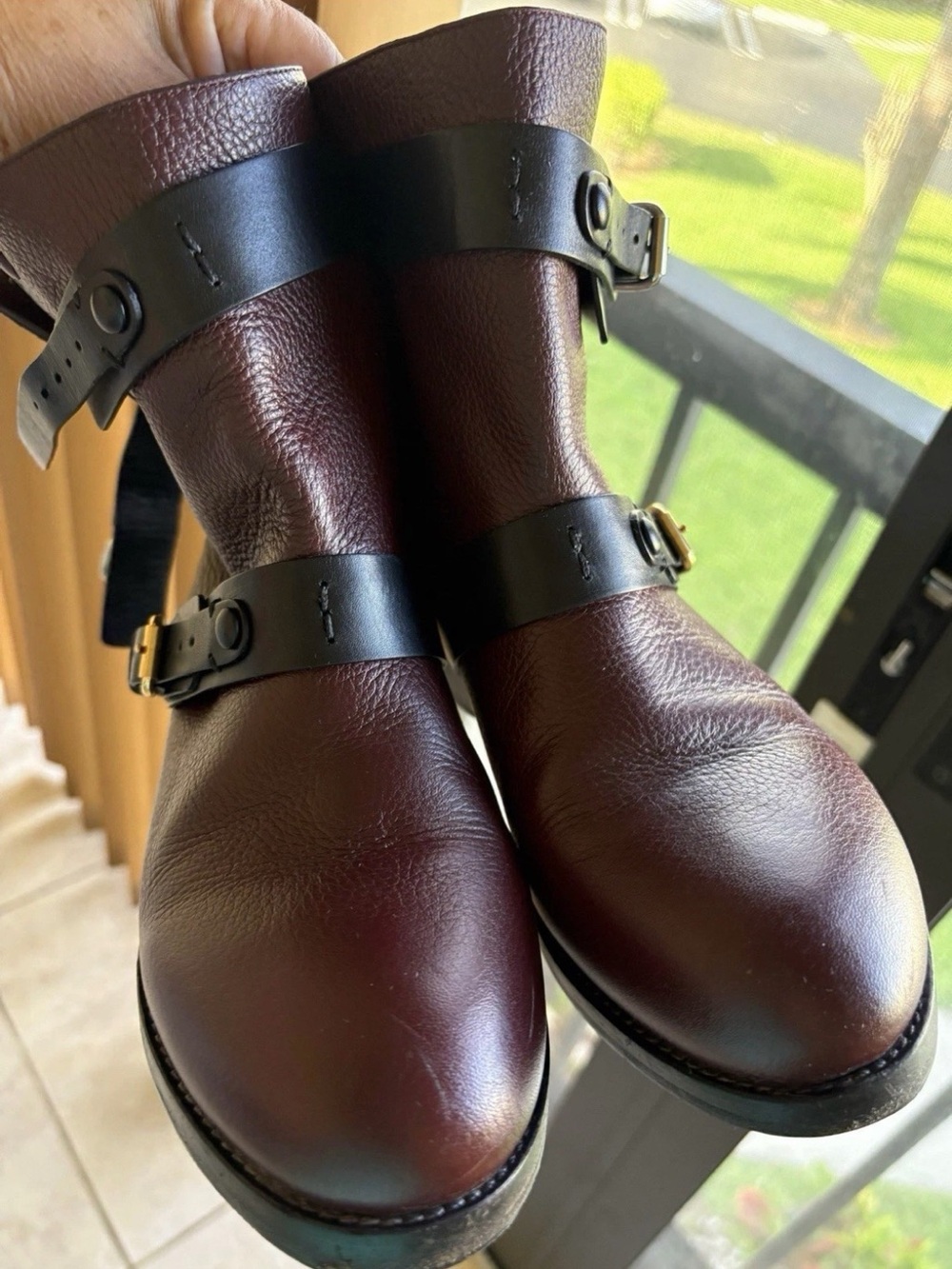 Chloé Burgundy Leather Moto Boots Double Buckle Size 38 Made in Italy